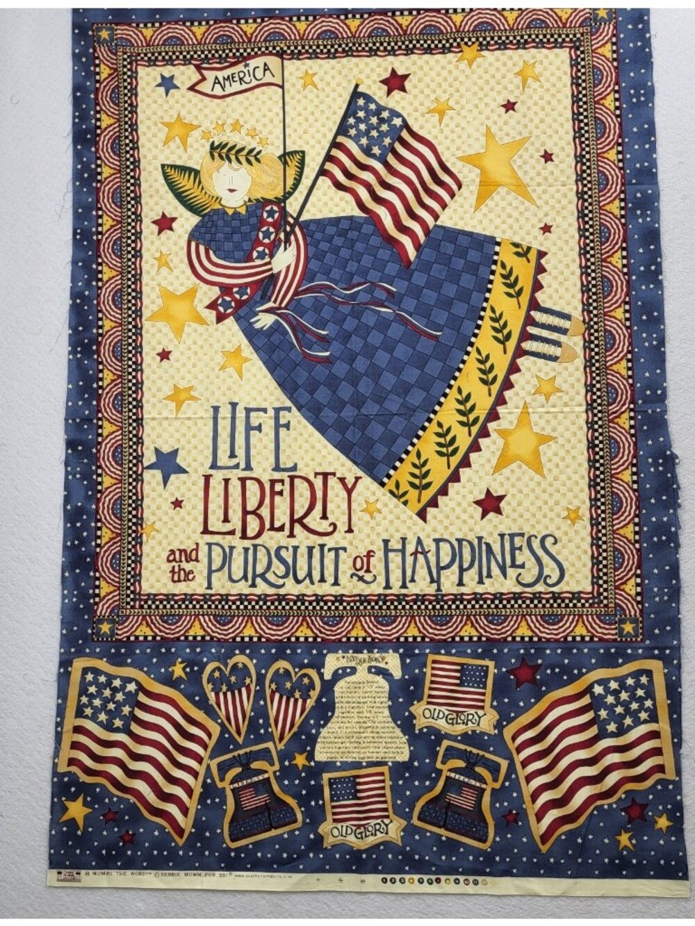 VTG Debbie Mumm America Life Liberty Fabric Panel Angel Independence Patriotic